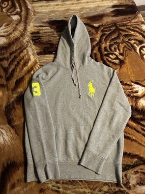 Polo Ralph Lauren Gray Hoodie with Neon Yellow Polo Logo and Sleeve number 3